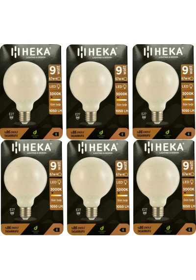 6 Adet Heka 9w 67w 3000k Sarı Işık E27 Duylu Kalın Duy Led Glop G95 Ampul Heka