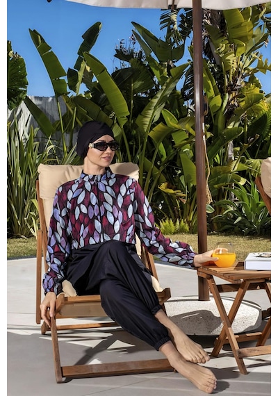 Mayom Tam Kapalı Paraşüt Kumaş Crop Model Damla Desenli Tesettür Mayo - 2526 Siyah-renkli
