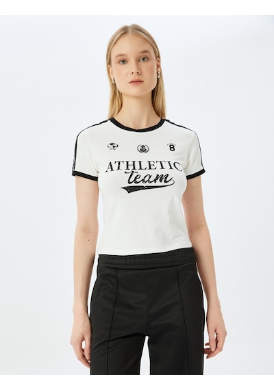 Koton Bisiklet Yaka Kısa Kollu Biyeli Kolej Baskılı Slim Fit Tişört Ekru 5sal10162ık Ekru