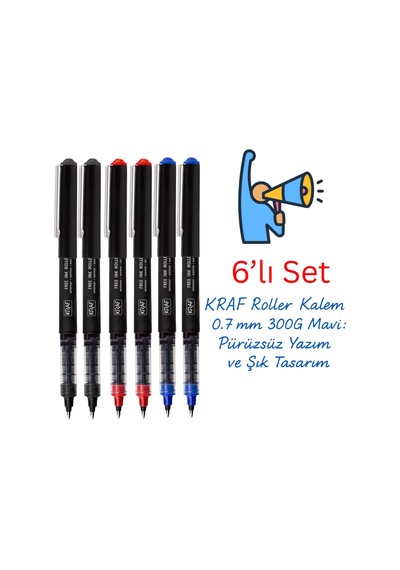 Kraf Roller Kalem 0.7 300g Mavi Kırmızı Siyah 6 Lı Set Çok Renkli
