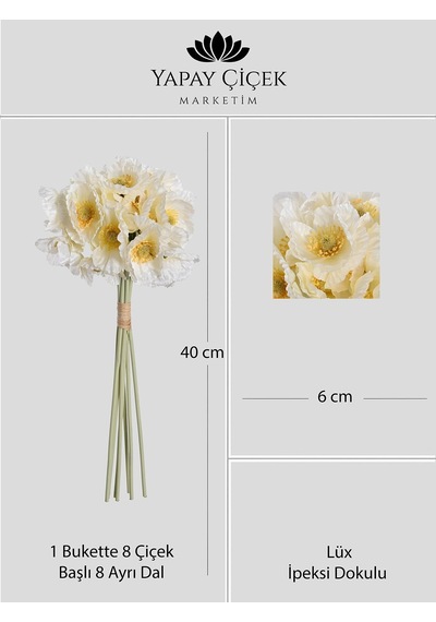 Beyaz Yapay Gelincik Çiçeği Buketi 8 Dallı Lüx İpeksi Dokulu 40 Cm