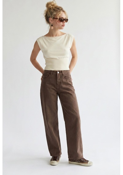 Mixray 2128 Kadın İnce Mevsimlik Yüksek Bel Wide Leg Denim Pantolon Kahve