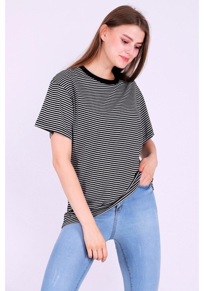 Siyah Gri Çizgili Kadın Oversize Çizgili Basic Tshirt 001