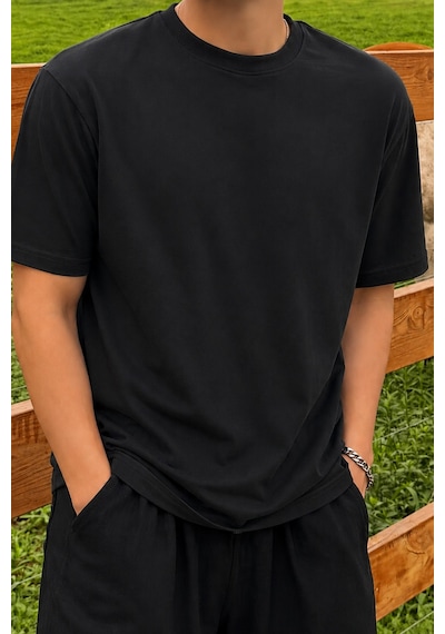Tarz Cool Erkek Regular Fit Bisiklet Yaka Basic Tişört 2 İplik Şardonsuz %100 Pamuk Günlük Rahat T-shirt Siyah