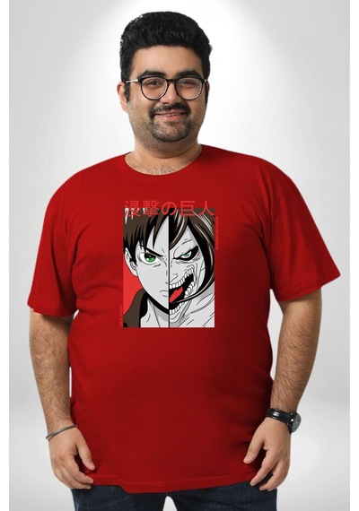 Angemiel Anime Titan Saldırısı Kırmızı Büyük Beden Erkek Kadın Unisex Basic Ön Baskılı Tişört Kırmızı