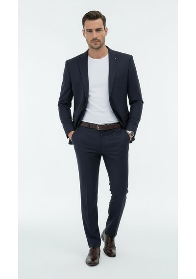 Erkek Slim Fit Mikro Dokulu Takım Elbise Çift Düğmeli Modern Kesim Lacivert