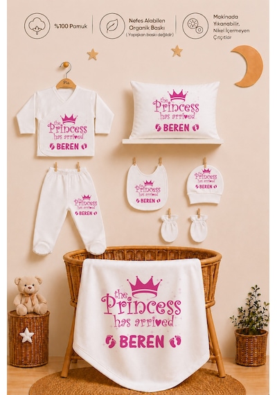 Pia Baby Kişiye Özel Kız Bebek Hastane Çıkışı 11 Parça %100 Pamuk Organik Baskılı Set 2032110x Ekru