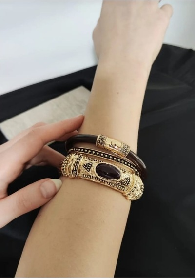 Lunarie Antik Gold Etnik Kelepçe Taşlı Bohem Bilezik Seti-çelik Altın