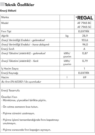 Regal AF 7965 BC 65 LT Elektro Turbo Ankastre Fırın