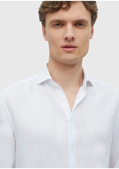 Ramsey Beyaz Düz Casual Fit Uzun Dokuma Casual %100 Keten Gömlek