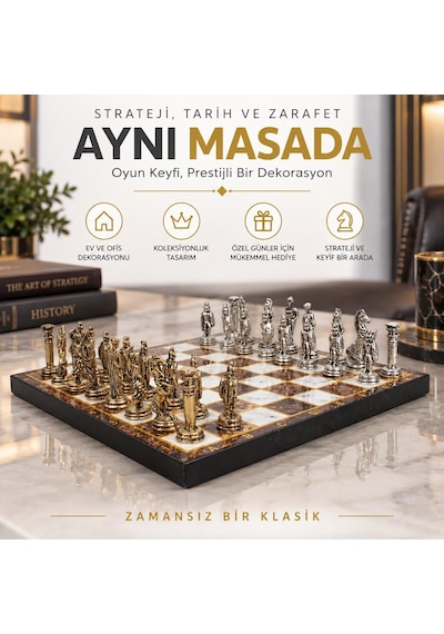 Lüks Metal Satranç Takımı Osmanlı Bizans Figürlü Krom Kehribar Mermer Desenli 20 X 20 Premium Hediye