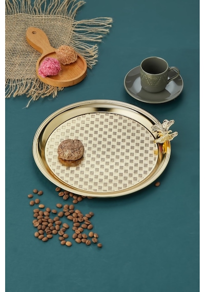Cooker Kelebekli Yuvarlak Sunum Tepsisi 25 Cm Gold