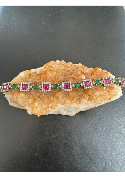 Otantik Bileklik 925 Ayar Gümüş Yakut Zümrüt Ve Zirkon Taşlı