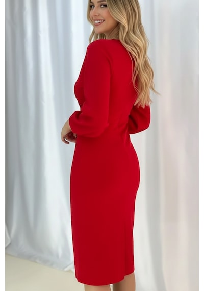 Defymoda Kadın Klasik Kesim Manşetli Elbise Kırmızı