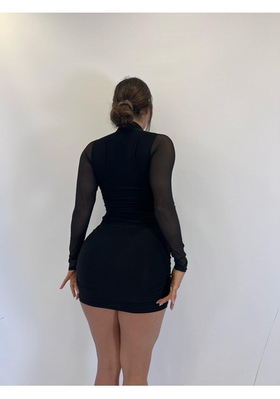 Pink Life Siyah Sandy Kumaş Kolları Tül Detaylı Mini Elbise Siyah
