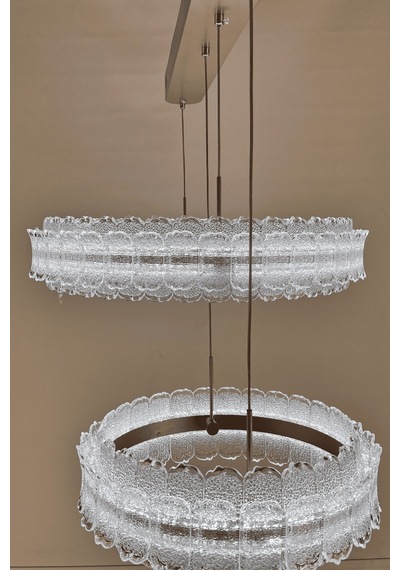 Lüks Çift Halka Tasarımlı Rose Gold Detaylı Kristal Camlı Modern Led Avize Pudra