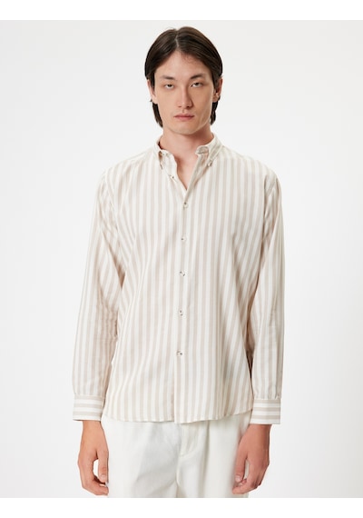 Koton Slim Fit Gömlek Uzun Kollu Düğmeli Yaka Detaylı Pamuk Karışımlı Bej Çizgili 5wam60005hw Ekru Koton Slim Fit Gömlek Uzun Kollu Düğmeli Yaka Detaylı Pamuk Karışımlı Bej Çizgili 5wam60005hw Ekru