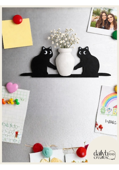Kedi Bıyığı Toplayıcı Magnet-vazolu Buzdolabı Süs-2 Kedili Bıyık Biriktirme Magnet Siyah