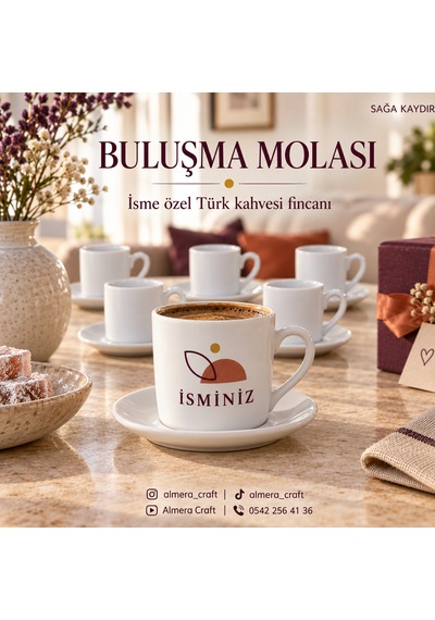 Kişiye Özel İsim Baskılı 6'lı Türk Kahvesi Fincan Seti Beyaz