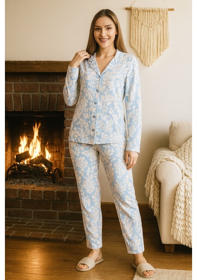 Remsa Kadın Desenli Suprem Düğmeli Pijama Takımı 0482 Mavi02 Mavi02