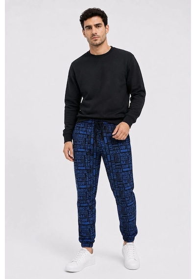 2As Erkek Siyah Mi Yazı Desenli İki İplik Şardonlu Jogger Eşofman Altı Lacivert