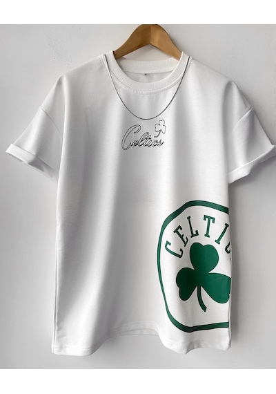 Çocuk Erkek Boston Celtic Oversize Baskılı Pamuklu Bisiklet Yaka Beyaz