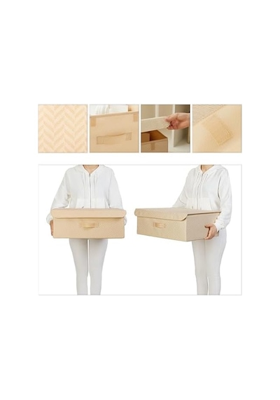Bej Balıksırtı Kapaklı Kutu 48 X 40 X 19 Cm Açık Ahşap