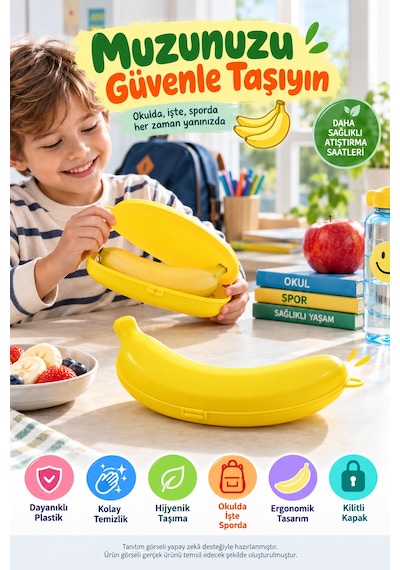 Muz Saklama Kutusu 21 Cm Sarı Muz Koruyucu Beslenme Kabı Çanta Okul Spor Seyahat İçin Pratik Aparatı