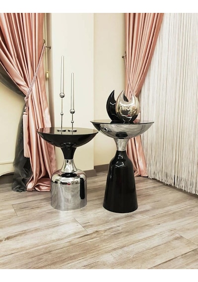 Olympos Dekoratif Parlak Siyah Kısa Model Krom Sehpa 50 Cm