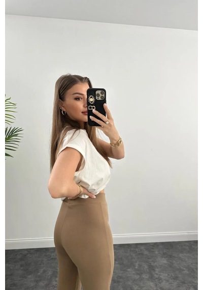 Winmoda34 Yüksek Bel Çimalı Palazzo Kumaş Pantolon Nevrulu Camel