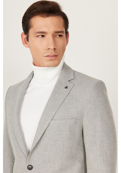 AC&Co / Altınyıldız Classics Erkek Gri Slim Fit Dar Kesim Mono Yaka Desenli Yünlü Ceket Gri