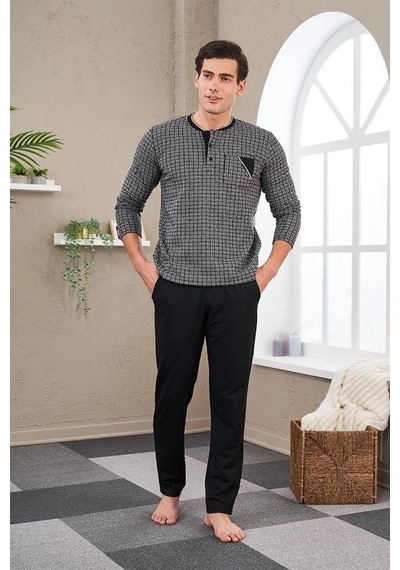Pjs Gd Goldoremi 23709 Erkek Patlı Düğmeli Jakarlı Kışlık Uzun Kollu Pijama Takım Siyah