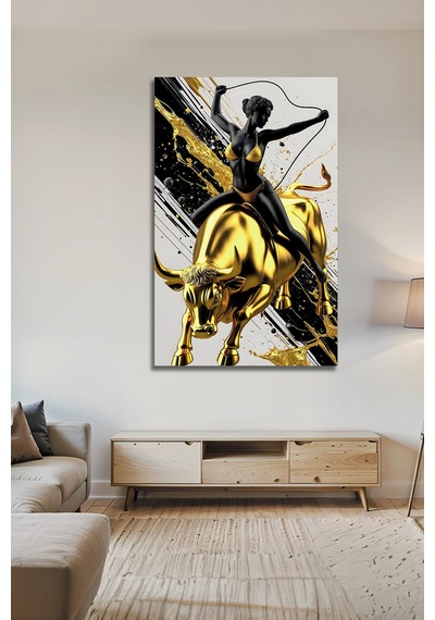 Altın Boğa Ve Modern Kadın Sanat Temalı Dekoratif Lüks Cam Tablo Portre Temalı Dekoratif Duvar Tablosu, Salon Ve Yatak Odası Dekoru,