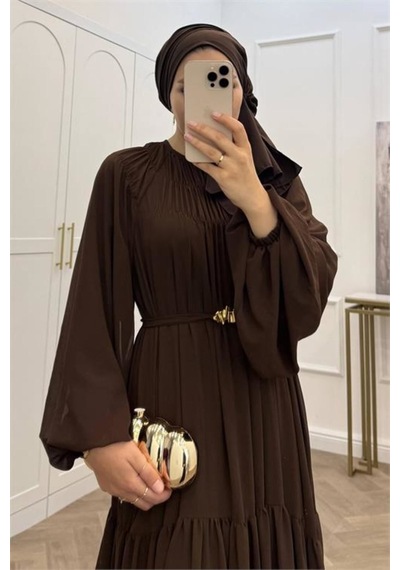 Neşeli Butik Kadın Kahverengi Balon Kol Astarlı Kuşak Detaylı Şifon Tesettür Elbise ---- Nms095 Neşeli Butik Kadın Kahverengi Balon Kol Astarlı Kuşak Detaylı Şifon Tesettür Elbise ---- Nms095