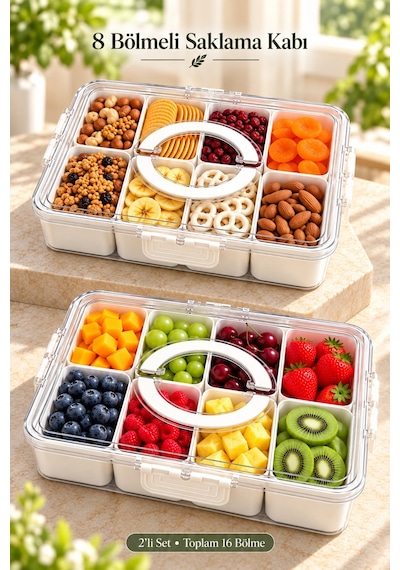 Tilbe Home 2li 8 Bölmeli Kahvaltı Takımı Kilit Kapaklı Taşınabilir Saklama Kabı Organizer Piknik Set Beyaz
