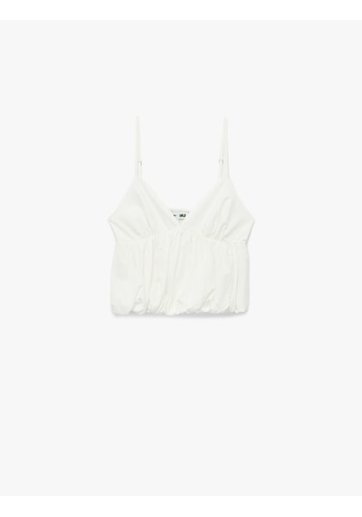 Koton Volanlı V Yaka Pamuklu Slim Fit Askılı Poplin Crop Bluz Kırık Beyaz 5sal30023ıw Ekru