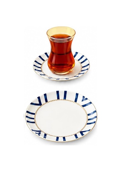 Yasemin Dicle 18 Parça 6 Kişilik Porselen Pasta Ve Çay Takımı Çizgili Lüks Sunum Seti Çok Renkli