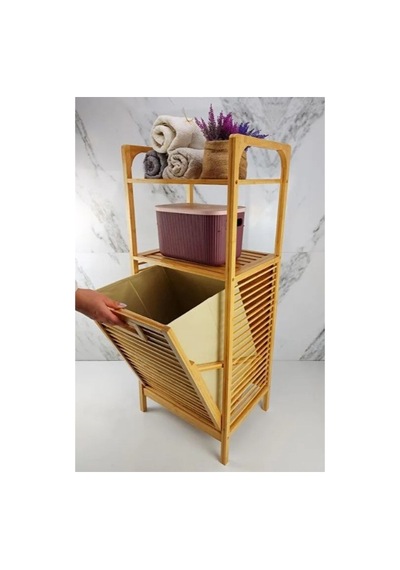Premium Düzenleme Çözümü Banyo Rafı Çamaşır Dolabı 2 Organizer Raflı Ahşap Bambu Çek-aç Kirli Sepeti Çok Renkli