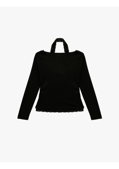 Koton Halter Yaka Dantel Detaylı Slim Fit Uzun Kollu Tişört Siyah 6sal10365ık Siyah