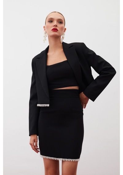 Sateen Aksesuarlı Kısa Ceket - Siyah-134920 Siyah