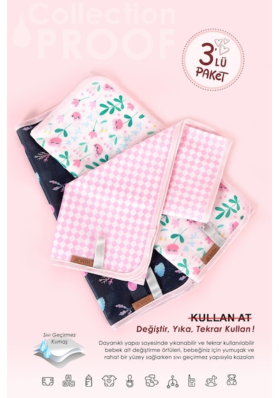 3lü Alt Açma Değiştirme Örtü Sıvı Geçirmez Koruyucu Alez Yıkanabilir Bebek Bakım Pedi XL PembeGrup