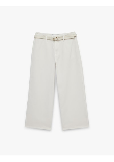 Koton Kemer Detaylı Pamuklu Kısa Geniş Paça Pantolon - Wide Leg Jeans Ekru 6sal40052mw