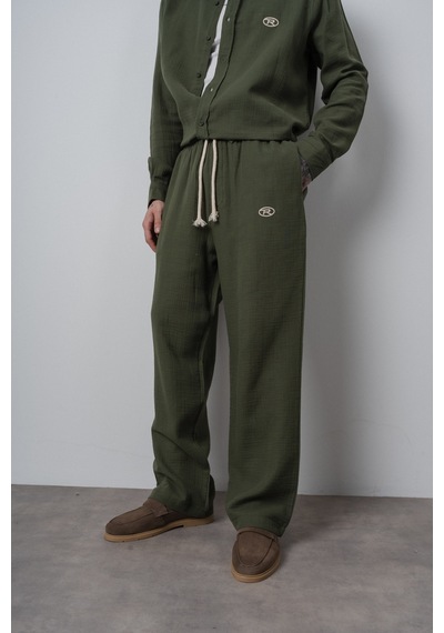 Respire Erkek R Nakışlı Müslin Baggy Pantolon Koyu Haki