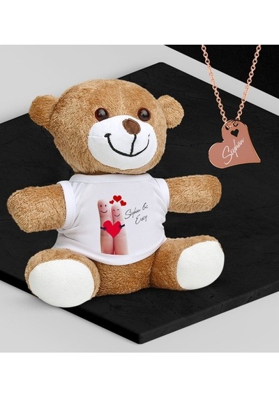 Kişiye Özel Sevgililer Temalı Peluş Ayıcık Ve Rose Kalp Kolye Set (409001001)