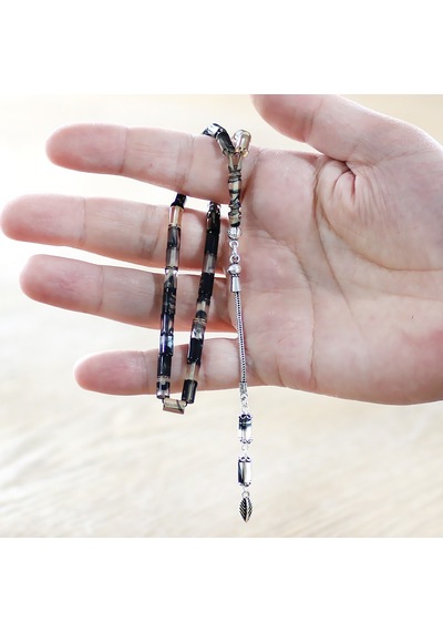 Tesbihane 925 Ayar Gümüş Püsküllü Kesme Kesim Mini Boy Siyah Beyaz Ateş Kehribar Tesbih Çok Renkli