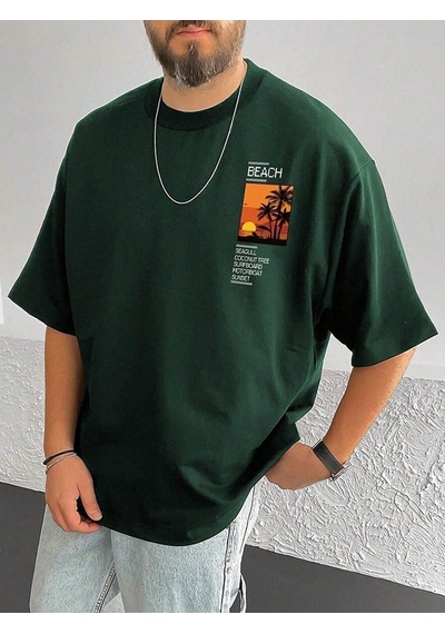 Unisex Nefti Yeşil Oversize Mantenha Baskılı Örme T-shirt Nefti Yeşil