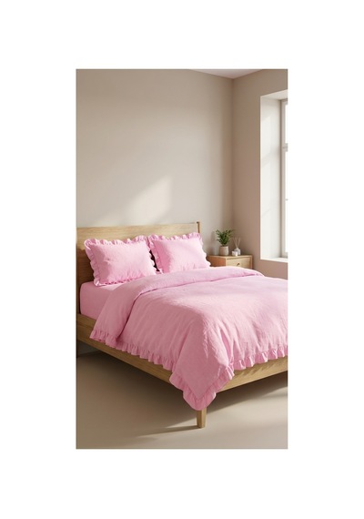 4 Parça Lastikli Çarşaflı Pamuklu Kumaş Fırfırlı Çift Kişilik Nevresim Takımı Pembe - 725706345 Pembe