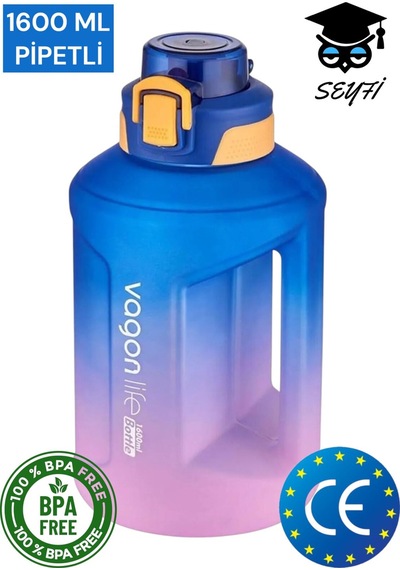 1600 Ml Çift Renk Pipetli Taşıma Askılı Ve Kulplu Motivasyon Su Matarası Vagonlife 2307 001