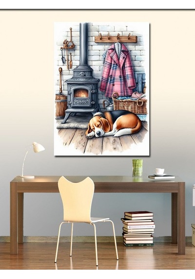Kanvas Tablo Sobanın Önünde Uyuyan Köpek 70cmx100cm