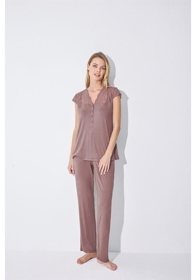 Monamise Kadın Yakası Kolu Ve Omzu Dantelli Önü Düğmeli Pijama Takımı 18509-kahve Kahverengi